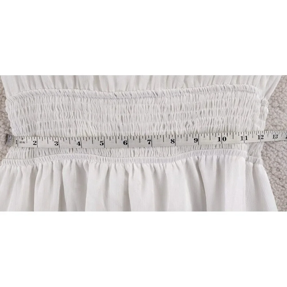 Cottagecore Puff Sleeve Tie Front Ruffle Mini Dress Smocked Waist Womens S White